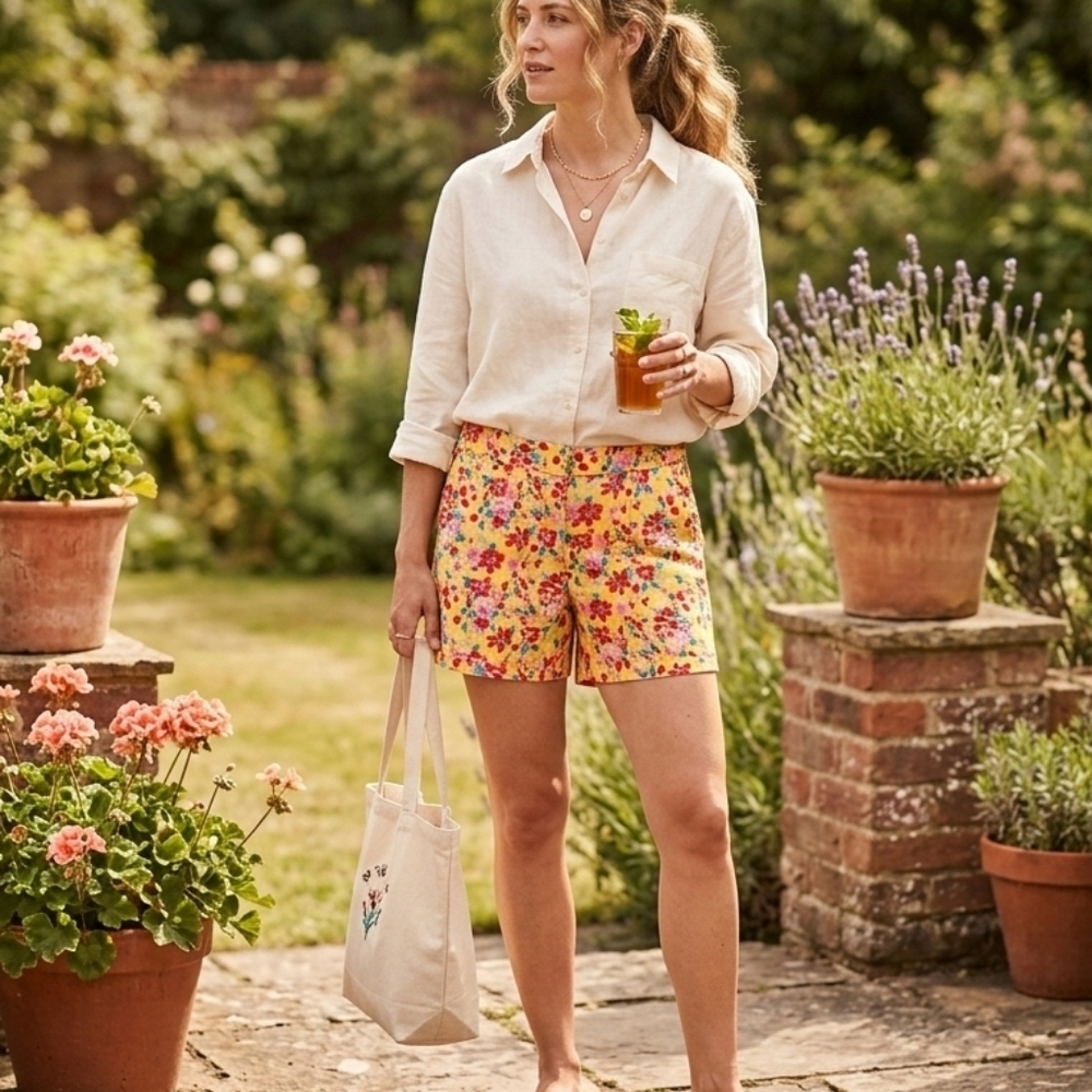 J. Crew Yellow Floral Cotton Basketweave Women's Shorts Size 4